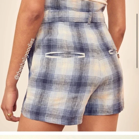 REFORMATION Rossi paper bag Shorts Blue Plaid 100% Linen not original belt - Picture 3 of 16